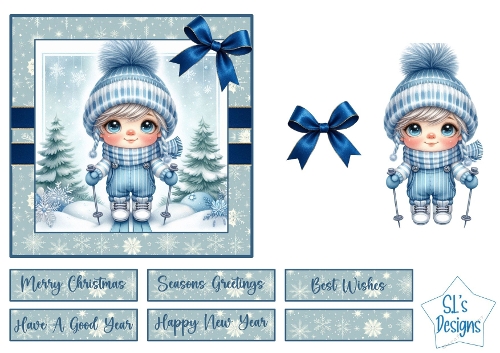 Little Skier Winter Card Kit – Cute Blue Snow Boy Illustration, Printable Christmas or New Year Cardmaking Design