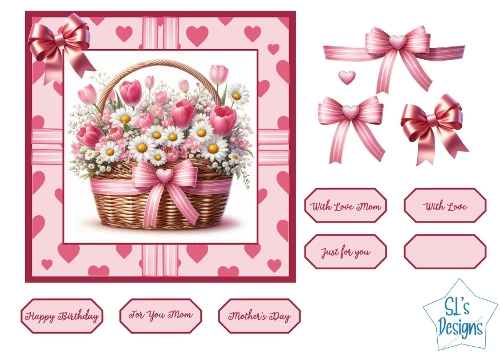 Pink Floral Basket Card Front , Mothers Day & Birthday Printable Card Topper with Sentiments