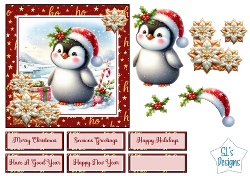 Cute Christmas Penguin Card Front & Toppers, Winter Holiday Printable Sheet