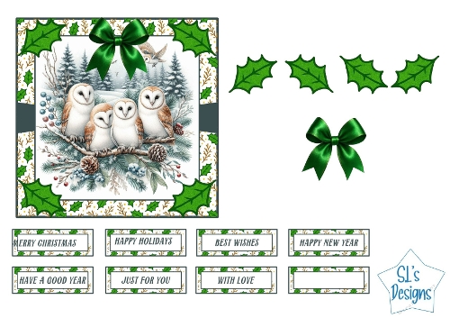 Christmas Owls Card Topper Set – Festive Winter Scene Printable with Sentiments & Embellishments