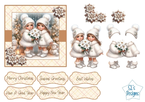 Adorable Winter Girls Christmas Card Topper & Decoupage Set – Cute Festive Children, Poinsettias & Sentiments