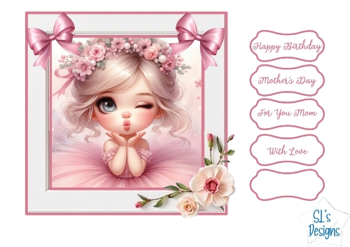 Pink Floral Ballerina Clipart Card Front with Sentiment Labels – Cute Girl Illustration for Birthday, Mothers Day, Mom Cards & Printable Crafts