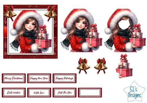 Christmas Girl with Gifts Card Making Topper Set , Festive Frame, Tags & Embellishments