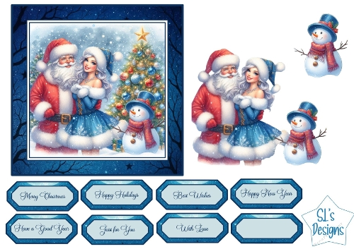Santa Claus & Winter Lady Card Topper Set, Festive Scene with Snowman and Christmas Tree