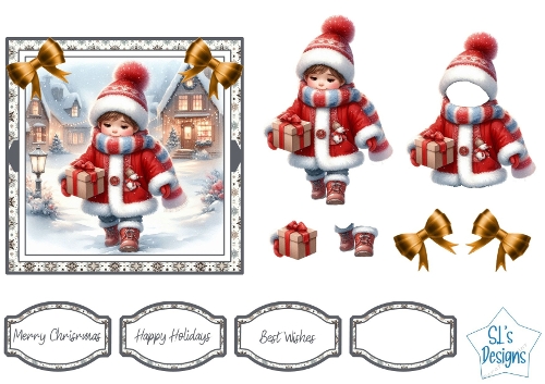 Winter Boy with Gift Card Topper Set – Snowy Scene, Festive Frame & Christmas Embellishments