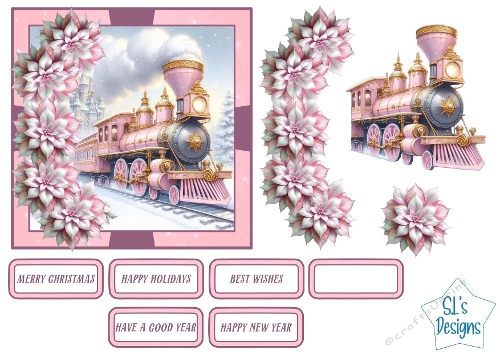 Elegant Pink Christmas Train Card Front with Floral Borders and Sentiment Tags