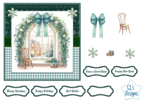 Elegant Winter Window Scene Card Front & Toppers – Christmas, Holidays, New Year, Floral Arch & Bow , Printable Craft Sheet