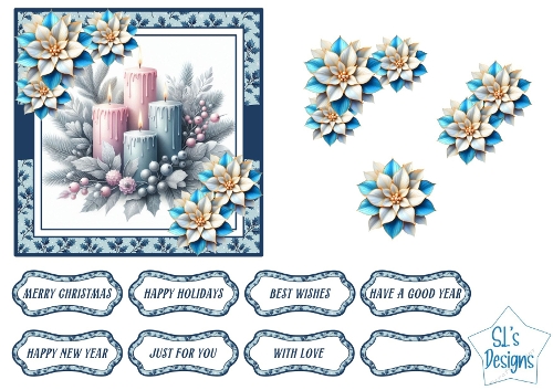 Elegant Blue Christmas Candle & Poinsettia Card Front with Sentiment Tags