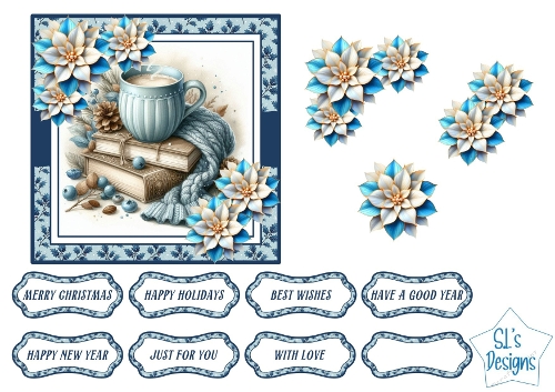 Blue Winter Coffee Card Front & Decoupage with Floral Embellishments and Sentiment Labels
