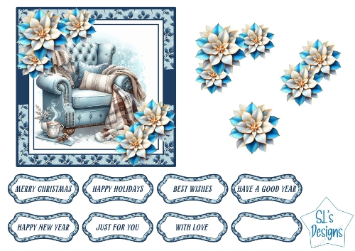 Blue Winter Armchair Card Front with Poinsettia Decoupage and Sentiment Labels