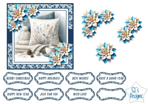 Blue Winter Cushion Card Front with Floral Poinsettia Decoupage and Sentiment Labels