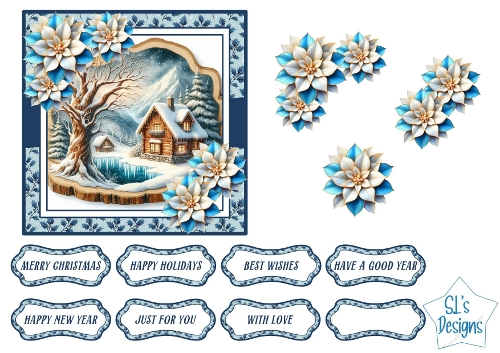 Blue Winter Cabin Card Front with Layered Poinsettias & Sentiments – Christmas / Holidays Printable Craft Sheet