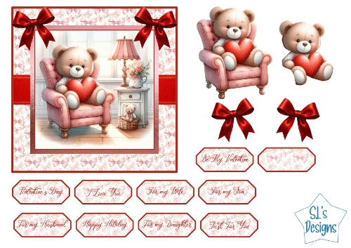 Valentine Teddy Bear Card Front with Heart & Bows, Cute Printable Valentine Cardmaking Sheet