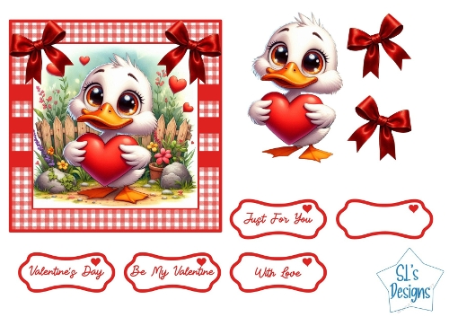 Cute Valentine Duck Holding Heart , Card Front, Toppers, Tags & Embellishments for Valentines Day Crafts