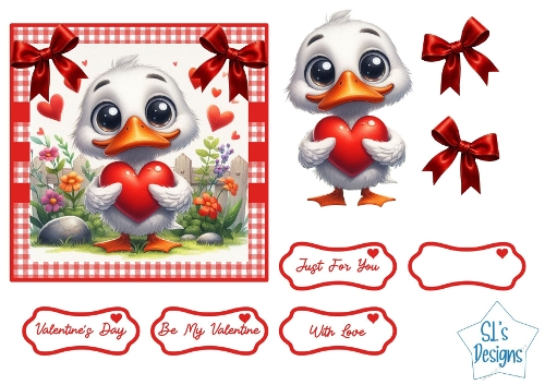 Cute Baby Duck With Heart – Valentine Card Front, Toppers, Bows & Sentiment Tags for Cardmaking