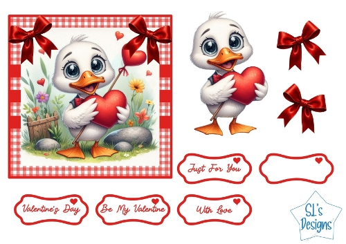 Cute Valentine Duck With Heart Balloon, Card Front, Toppers, Bows & Sentiment Tags for Cardmaking
