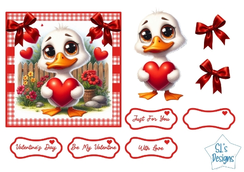Cute Valentine Duck Holding Heart, Card Front, Toppers, Red Bows & Sentiment Tags for Cardmaking
