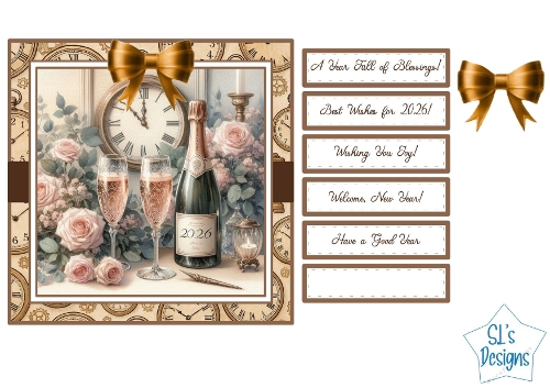 Elegant New Year 2026 Card Front Kit – Champagne, Clock & Roses, Printable Celebration Card with Sentiment Tags and Bows