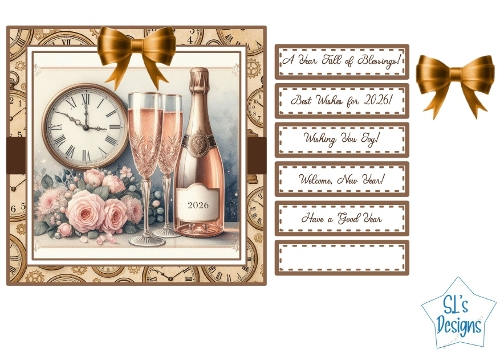 Elegant New Year 2026 Champagne & Clock Card Topper with Sentiment Tags
