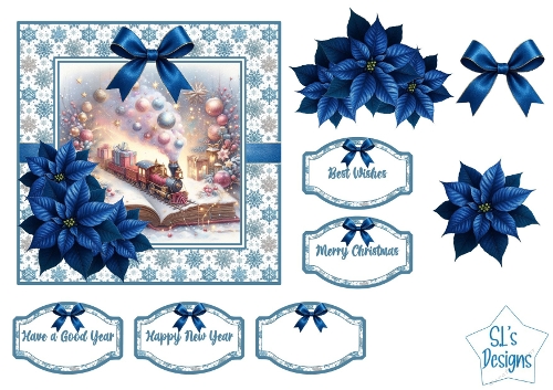Blue Poinsettia Christmas Train Card Kit, Festive Printable Card with Tags & Sentiments