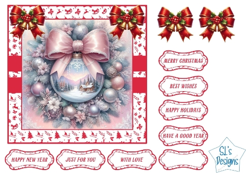 Elegant Pink Christmas Bauble Card Front with Winter Cottage Scene & Sentiment Tags