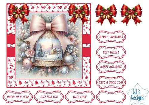 Elegant Christmas Bell Card Topper with Festive Bows & Sentiment Tags