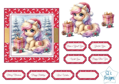 Cute Christmas Pony Card Topper with Gifts & Festive Sentiment Labels