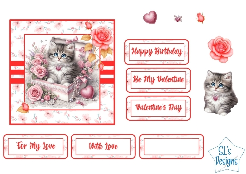 Romantic Kitten Card Topper with Roses & Valentine Sentiments
