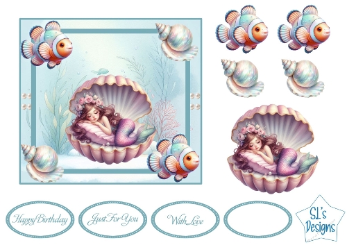 Sleeping Mermaid in Pearl Shell Card Topper & Decoupage Kit, Underwater Fantasy, Birthday, With Love