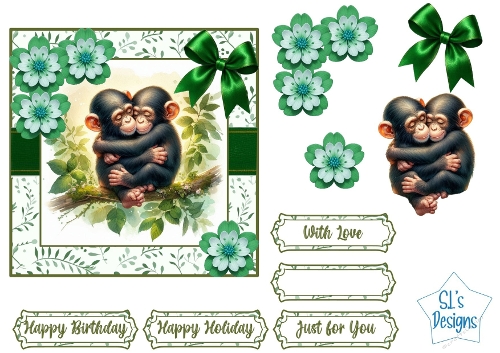 Cute Baby Chimpanzee Hug Card Topper Kit with Flowers, Bows and Sentiment Labels 