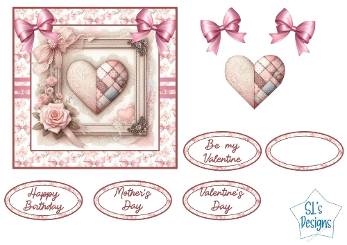 Elegant Vintage Heart Card Topper with Pink Roses, Bows and Sentiments, Printable Romantic Craft Sheet