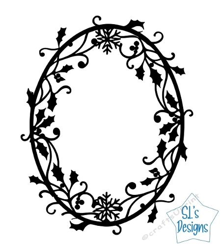 Elegant Christmas Oval Frame with Holly Leaves and Snowflakes, Festive Decorative Cutting File