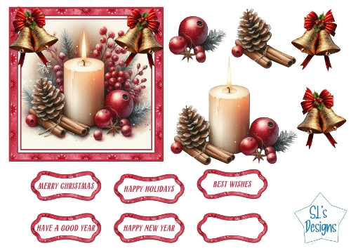 Christmas Candle & Festive Ornaments Card Front and Toppers, Holiday Printable Sheet