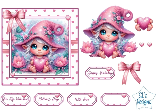 Cute Pink Fairy with Heart Card Front & Toppers, Birthday, Valentines Day, Mothers Day, With Love