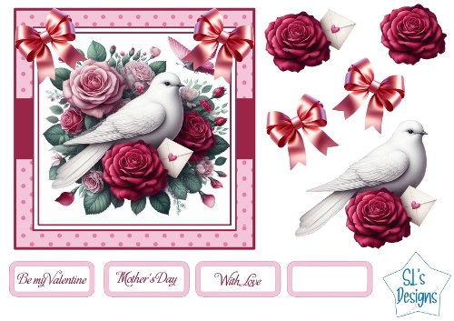 Elegant White Dove with Roses Card Front & Toppers, Valentine, Mothers Day, With Love