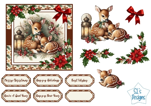 Cute Christmas Fawn Card-Making Set, Festive Deer, Holly & Winter Elements