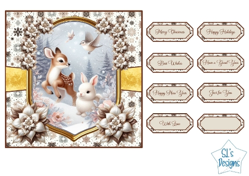 Winter Fawn and Bunny Card Front,  Cute Woodland Animals in Snowy Scene with Floral Accents