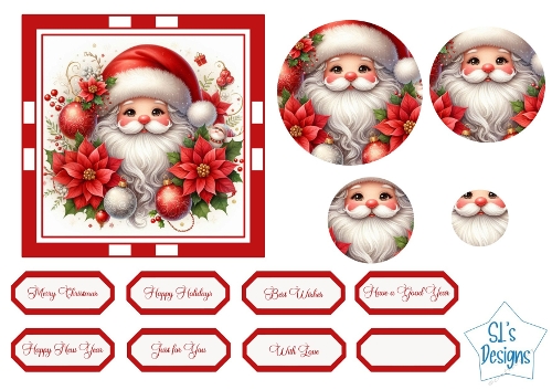 Cute Santa Claus Card Front & Toppers,  Christmas Poinsettia Design with Sentiment Labels