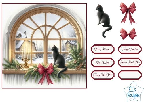 Winter Window Scene with Black Cat & Christmas Elements Printable Card Topper