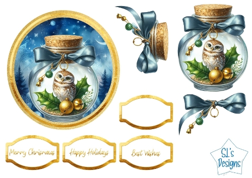 Christmas Owl in Ornament Jar Card Topper, Festive Winter Printable Set