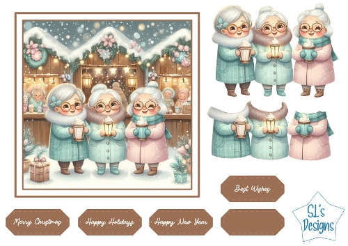Cozy Winter Grandmas Hot Cocoa Scene , Cute Christmas Card Front & Decoupage Sheet