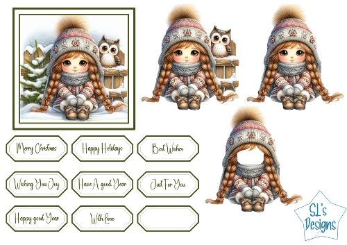 Cute Winter Girl with Owl, Christmas Card Front & Layered Decoupage Sheet