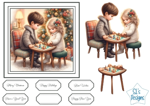 Christmas Kids Playing Chess, Cute Winter Scene Card Front & Toppers, Holiday Printable Craft Sheet