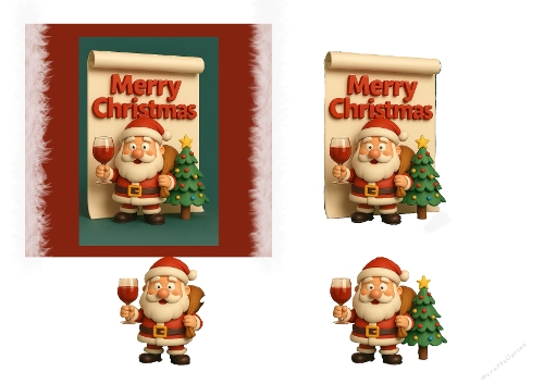 Cute Santa Claus with Christmas Tree & Wine Festive Clipart Set