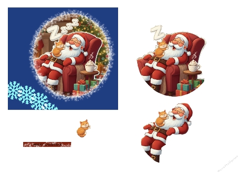 Sleeping Santa with Cozy Cat Christmas, Festive Santa in Armchair, Gifts & Hot Cocoa, Cute Holiday Artwork for Cards & Crafts