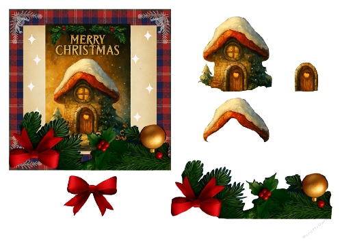 Cozy Christmas Cottage Card Front & Decoupage Set, Winter Snow House with Festive Pine Garland and Red Bows