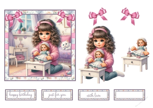 Cute Vintage-Style Girl Playing with Doll Card Topper & Inserts, Birthday, Just For You, With Love