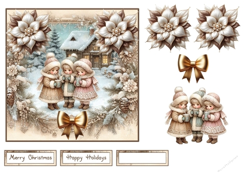 Vintage Christmas Children Card Topper with Winter Scene, Flowers & Sentiments, Merry Christmas & Happy Holidays