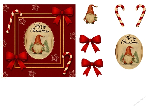Christmas Gnome Card Front with Red Bows, Candy Canes and Festive Frame