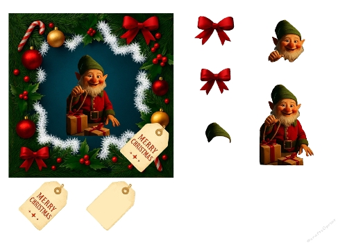 Christmas Elf Card Front & Decoupage Sheet, Festive Frame, Presents, Tags & Bows